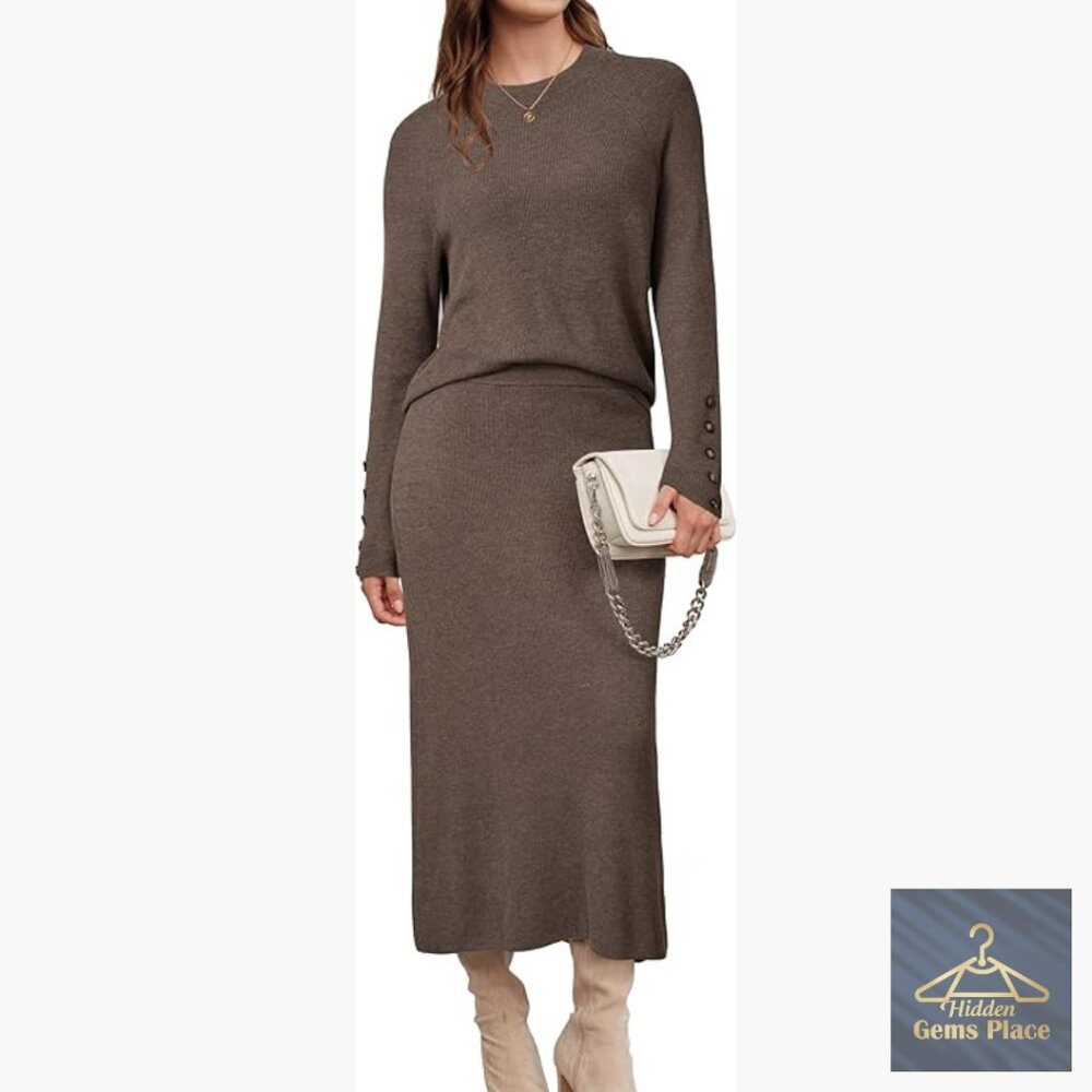 Wool Blend Sweater Skirt Set Long Sleeve Midi Dress Outfit Business Casual